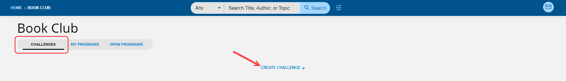 Book Club page with Challenges tab and Create Challenge option highlighted.